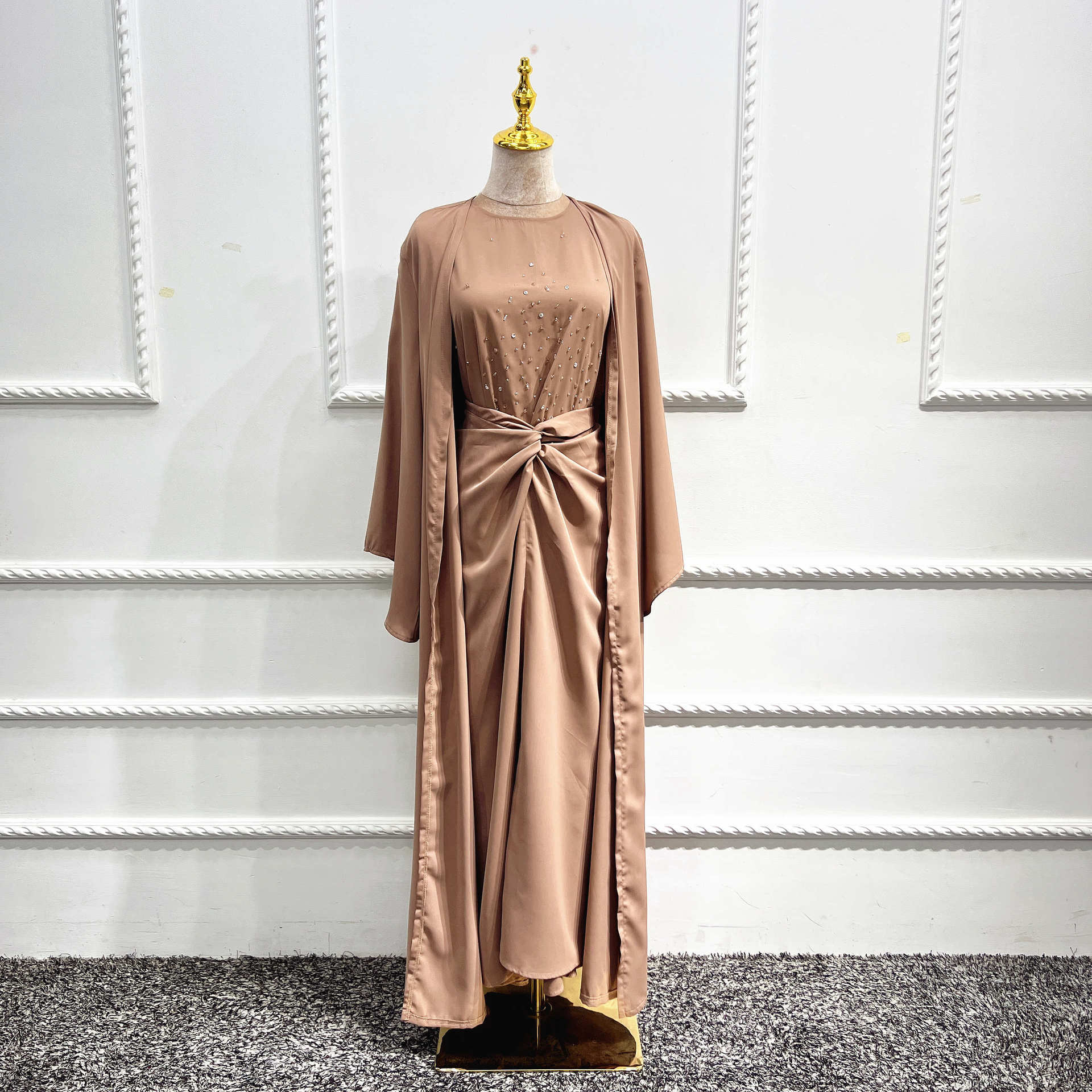2Pcs 솔리드 Matcing 이슬람 Abaya 여성을위한 설정 패션 랩 스커트 오픈 Abayas 기모노 Sleeveness 드레스 겸손 Hijab Kaftan
